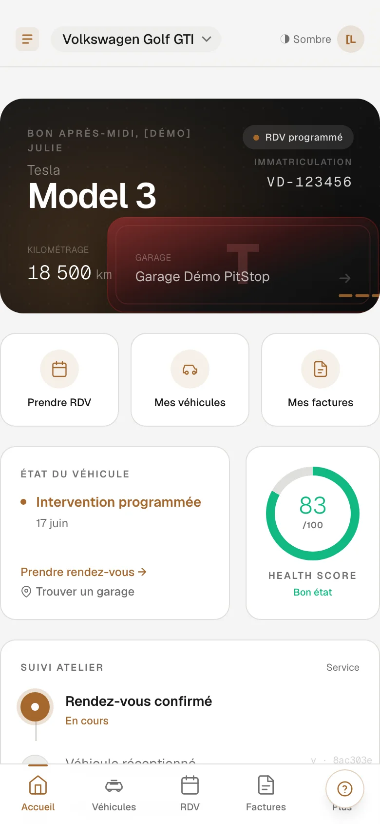 Accueil de l'espace client PitStop OS : état du véhicule, score de santé et raccourcis