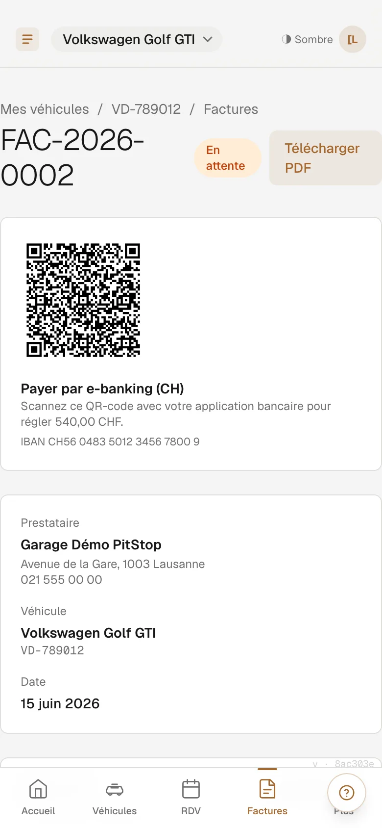 Facture avec QR-bill suisse dans l’espace client PitStop OS