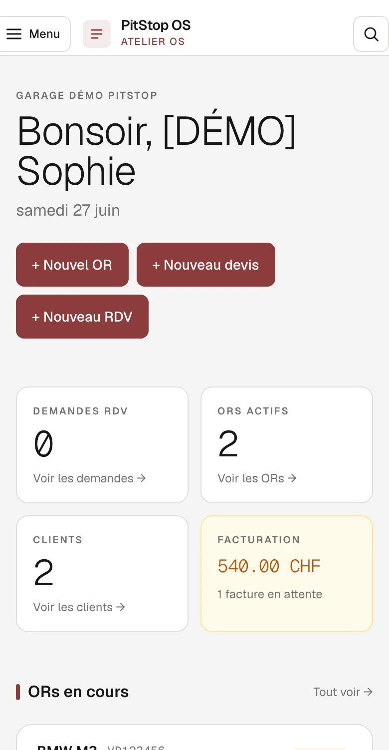 Tableau de bord PitStop OS sur téléphone