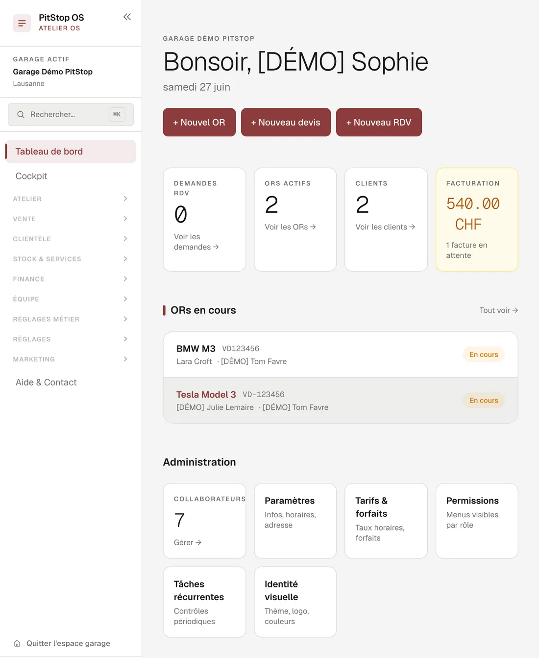 Tableau de bord PitStop OS sur tablette